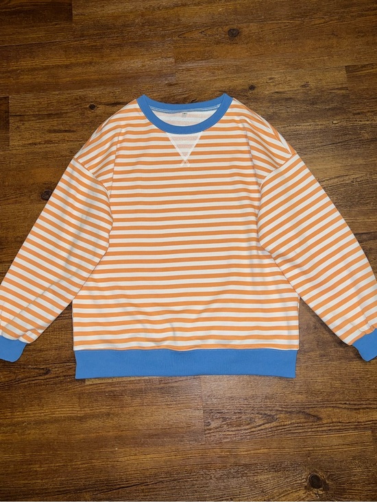 Sweaters - Oversized Crewneck Sweater Retro 70’s Relaxed Fit Orange White Stripes Size M